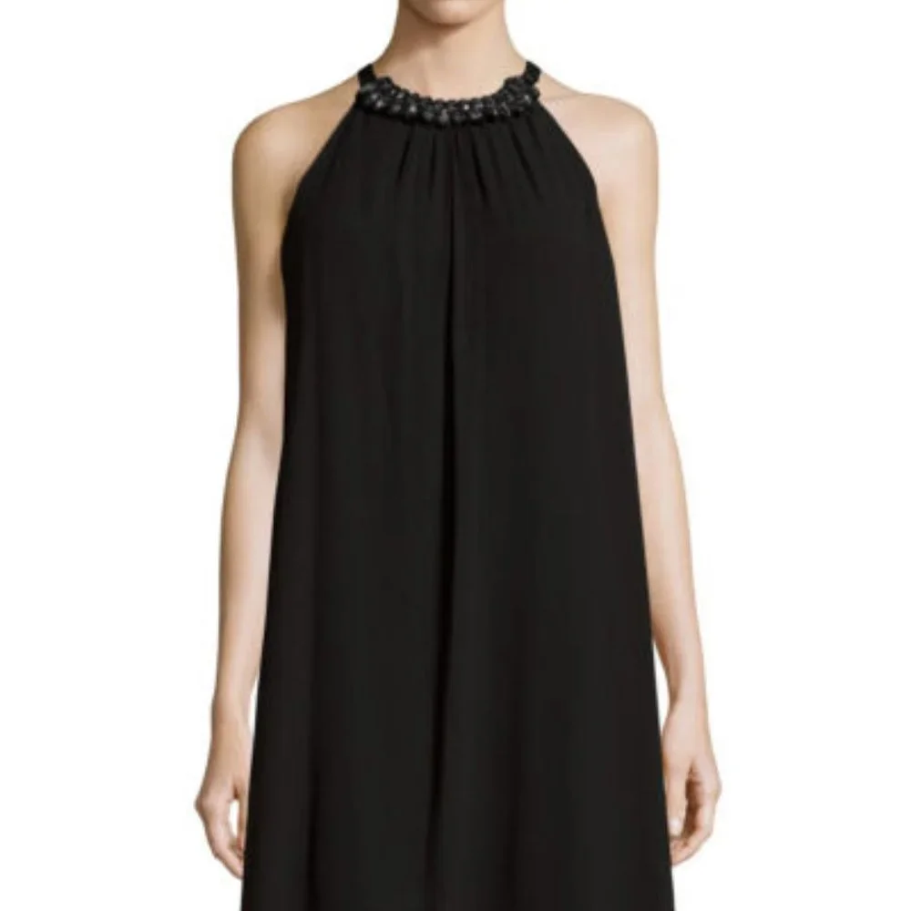 Max Studio Black Crepe Georgette Beaded‎ collar Halter Trapeze Dress XS N…
